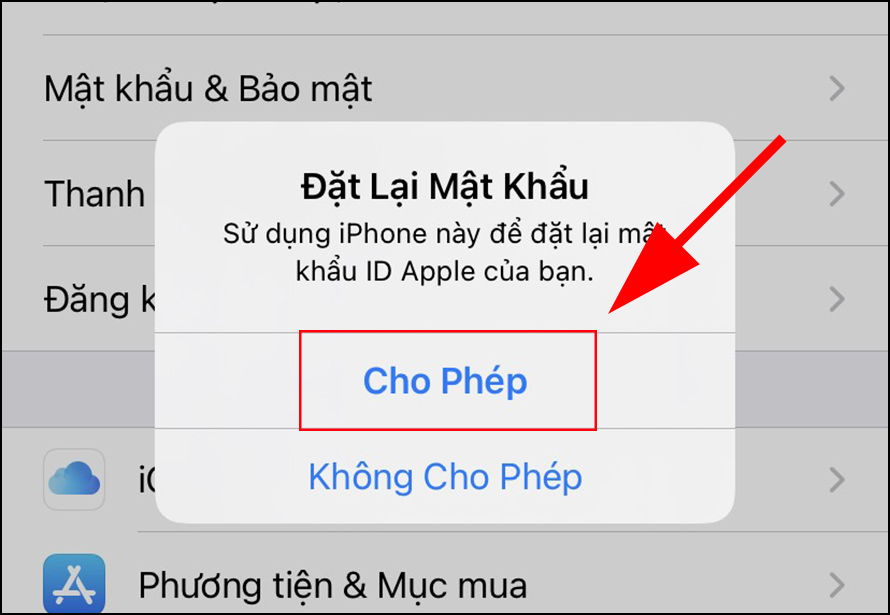 Chọn Cho phép để thực hiện thao tác đổi mật khẩu trên điện thoại